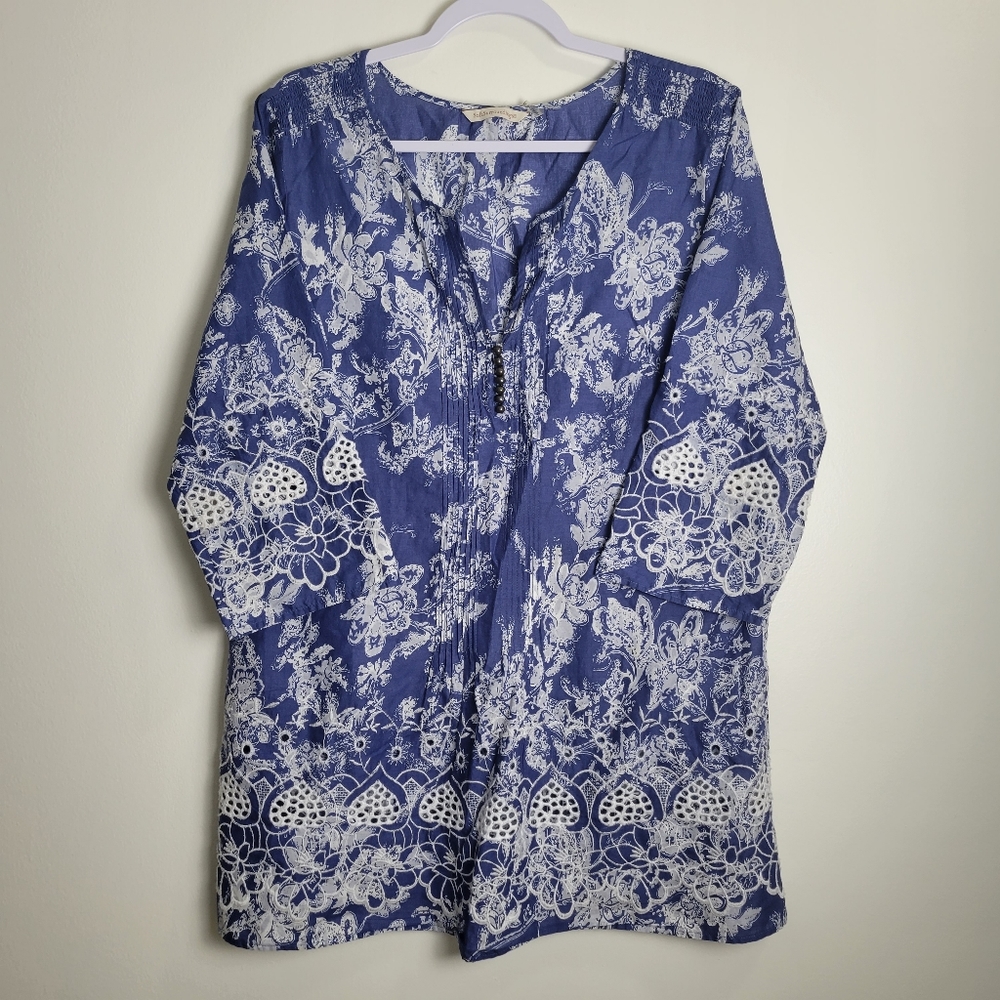 SOFT SURROUNDINGS‎ Floral Islet Embroidered 3/4 Sleeve Tunic Dress M